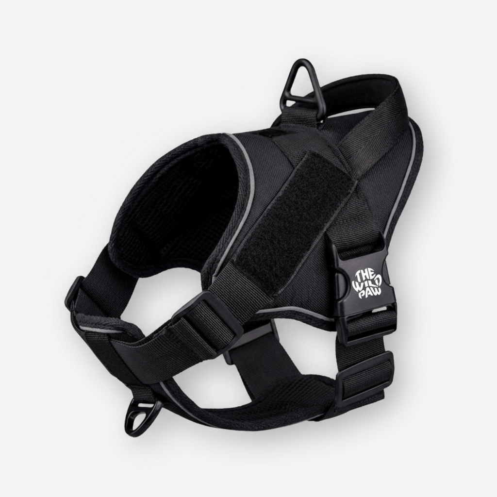Black TrailBlaze Tactical Harness by The Wild Paw with integrated logo, designed for outdoor and training activities.