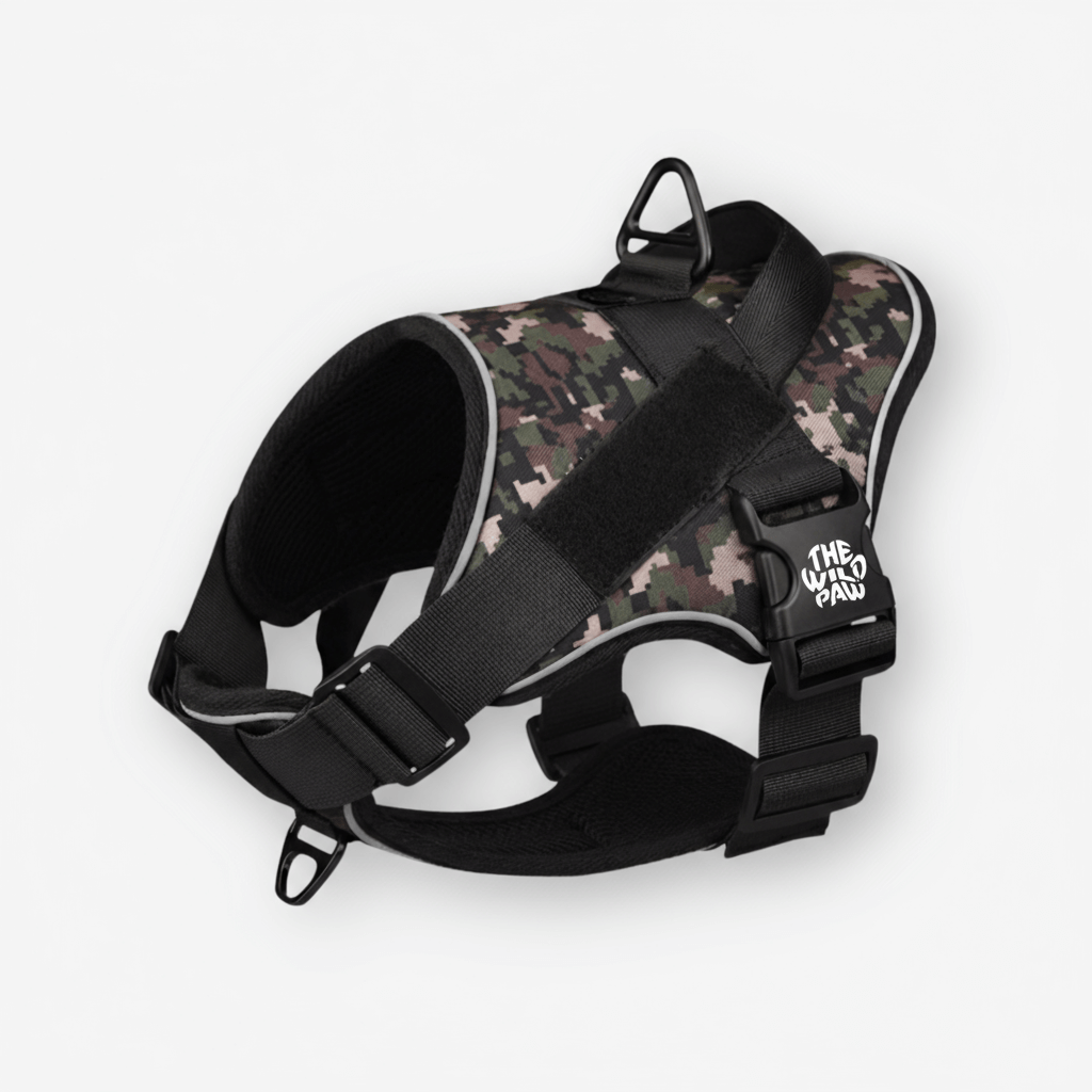 TrailBlaze Tactical Harness by The Wild Paw featuring integrated camouflage design and secure fit for active outdoor pets.