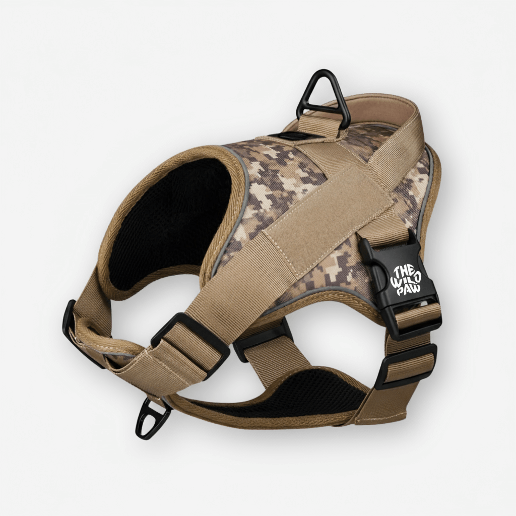 Integrated desert camo TrailBlaze Tactical Harness by The Wild Paw with logo, durable tactical harness for outdoor adventures.