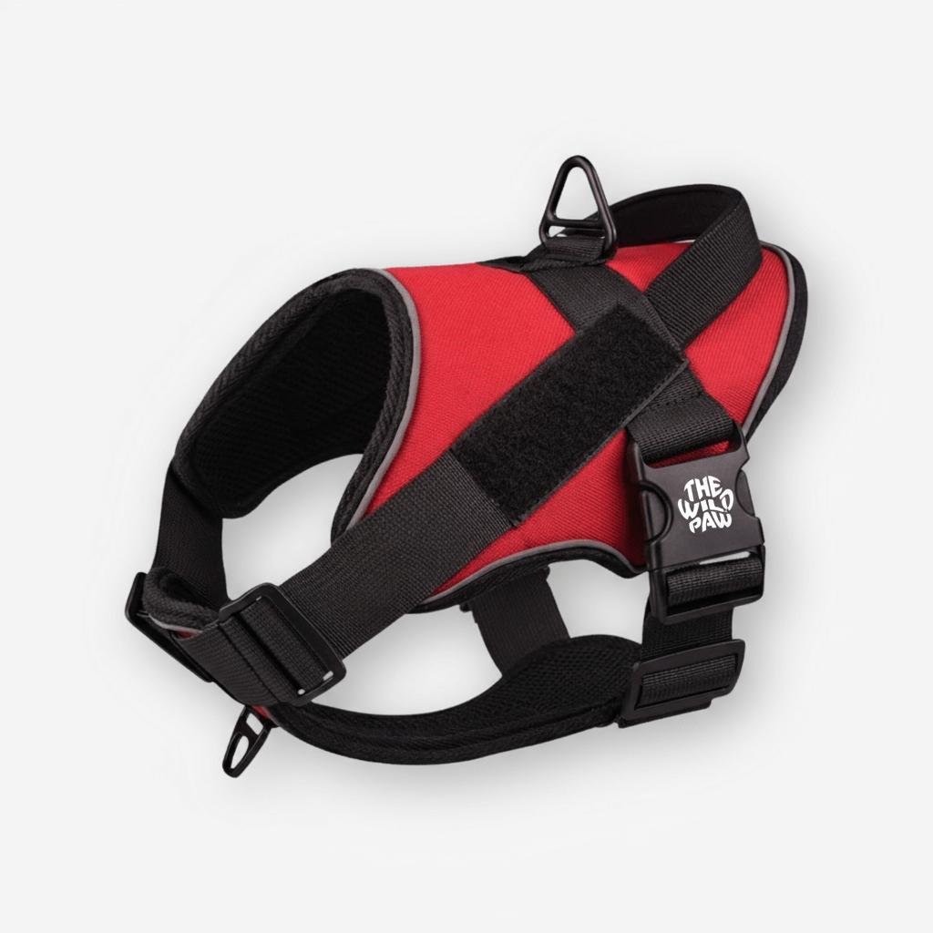 TrailBlaze Tactical Harness by The Wild Paw with red logo, adjustable straps, and durable design for outdoor activities and training.