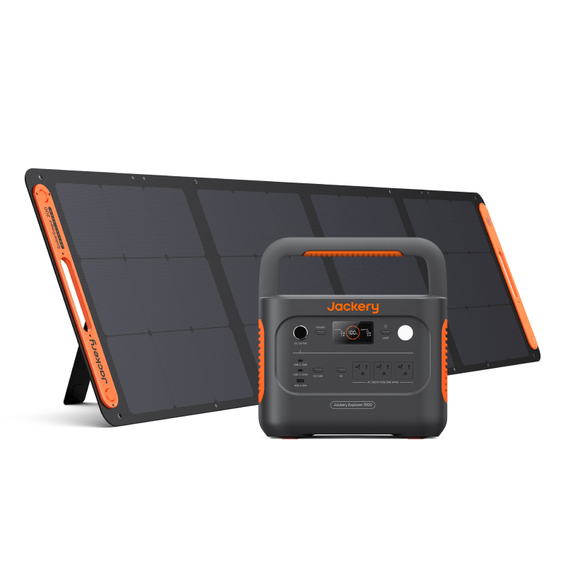Jackery Explorer 1000 portable power station with solar generator setup, featuring multiple outlets and a compact design.