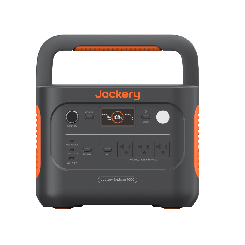 Jackery Explorer 1000 portable power station with solar generator, compact design, and multiple output ports for outdoor use.