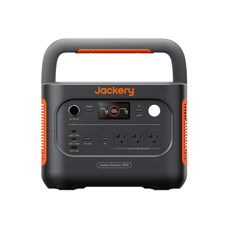 Jackery Explorer 1500 v2 portable power station with solar generator, featuring multiple outlets and a compact design.