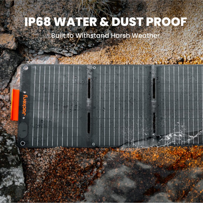 Jackery SolarSaga 40W mini solar panel with foldable design and USB ports for portable power generation outdoors.