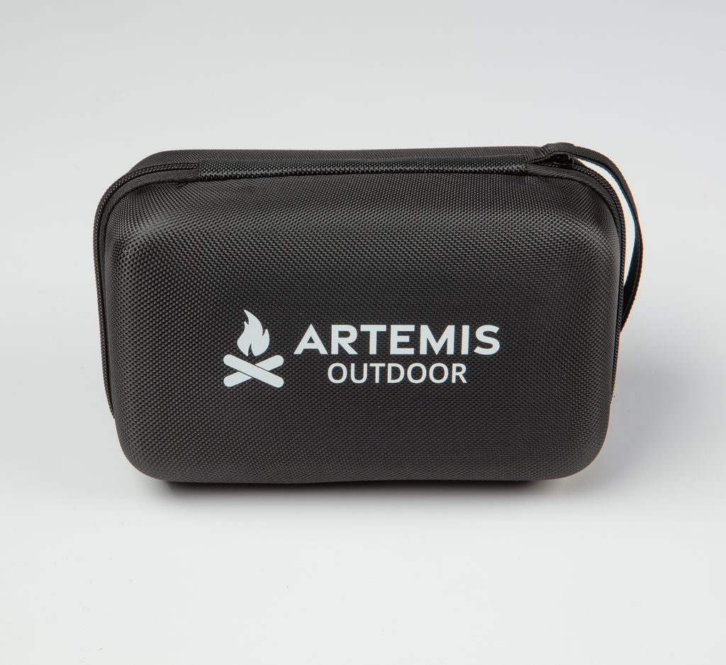 Artemis Outdoor 12V jump starter pack and portable power bank with USB charging, showcasing compact design and connectors.