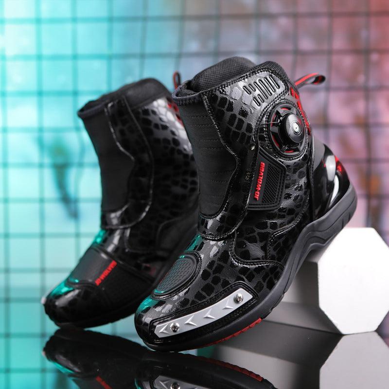 Bean's Moto Booth JO•WOLVES™ luminous coating waterproof motorcycle boots with reflective accents, shown on a rider's feet.
