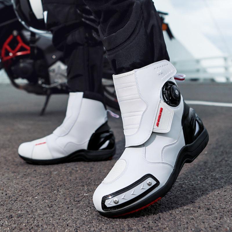 Bean's Moto Booth JO•WOLVES™ luminous coating waterproof motorcycle boots with reinforced soles and sleek black design.