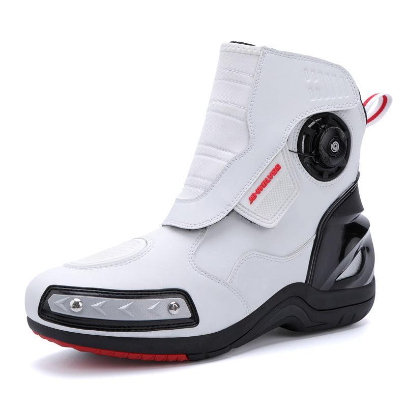 Bean's Moto Booth JO•WOLVES™ luminous coating waterproof motorcycle boots with reflective accents and sturdy design.