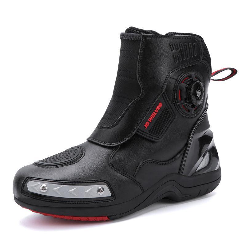 Bean's Moto Booth JO•WOLVES™ luminous coating waterproof motorcycle boots, black leather with reflective accents and sturdy sole.