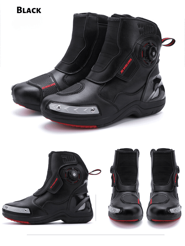 Bean's Moto Booth JO•WOLVES™ luminous coating waterproof motorcycle boots with sturdy design and reflective accents.