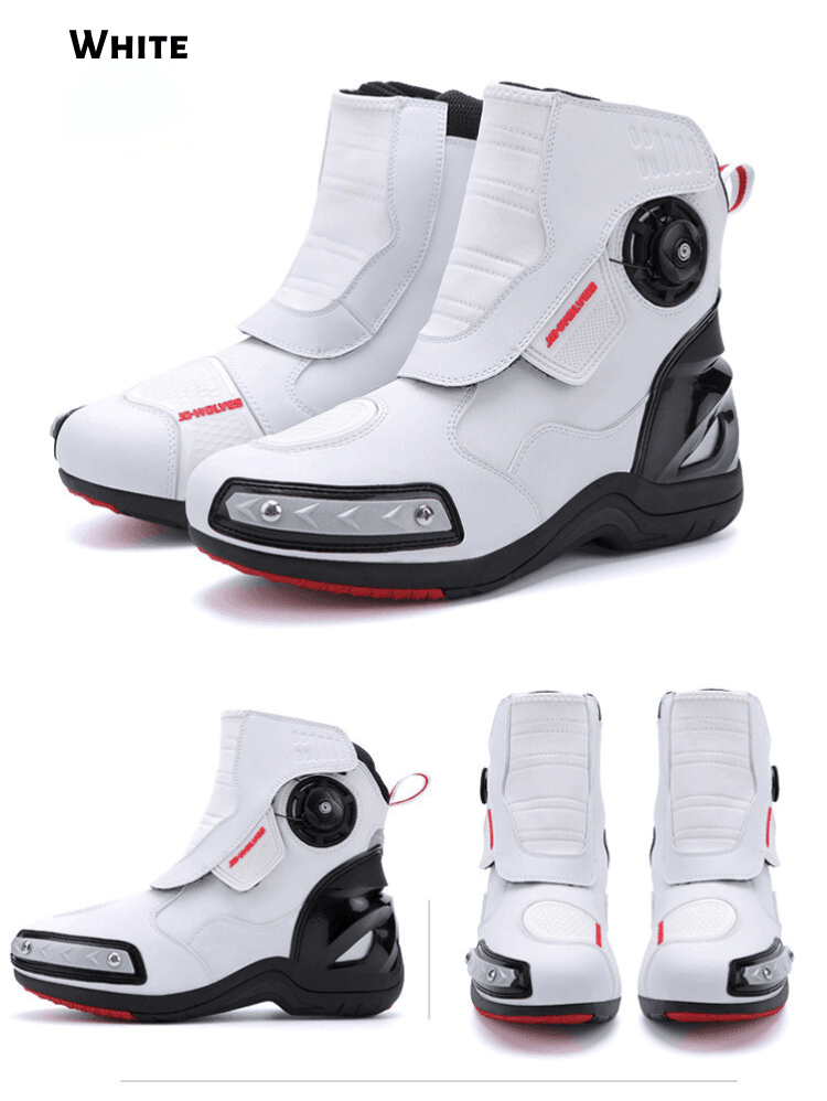 Bean's Moto Booth JO•WOLVES™ waterproof motorcycle boots with luminous coating, featuring durable leather and sturdy sole design.