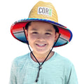 Kids straw sun hat for summer beach wear, featuring colorful Sarape pattern, by COR Surf, suitable for boys and girls.