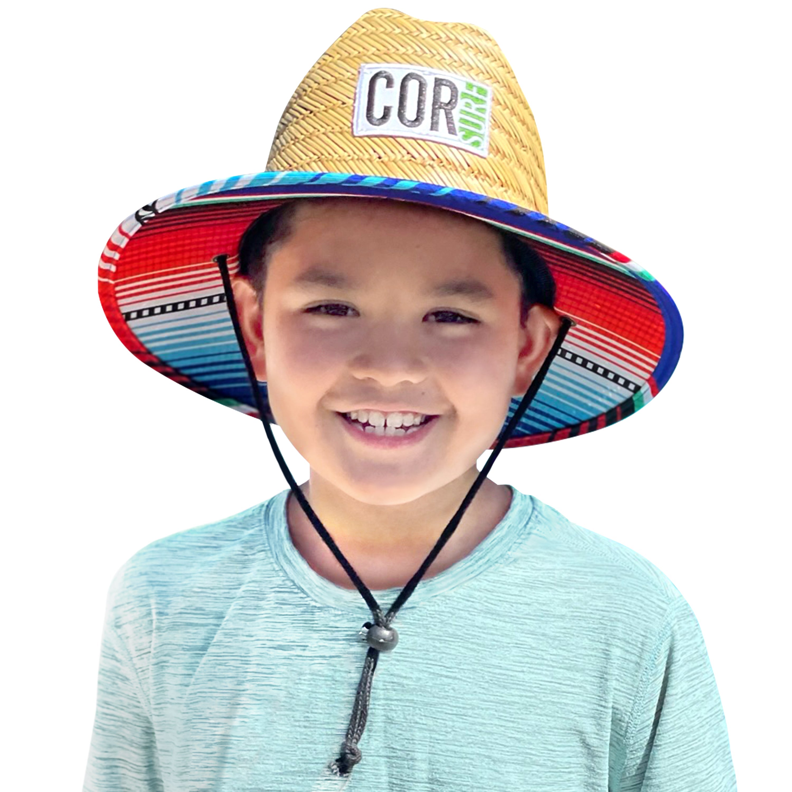 Kids straw sun hat for summer beach wear, featuring colorful Sarape pattern, by COR Surf, suitable for boys and girls.