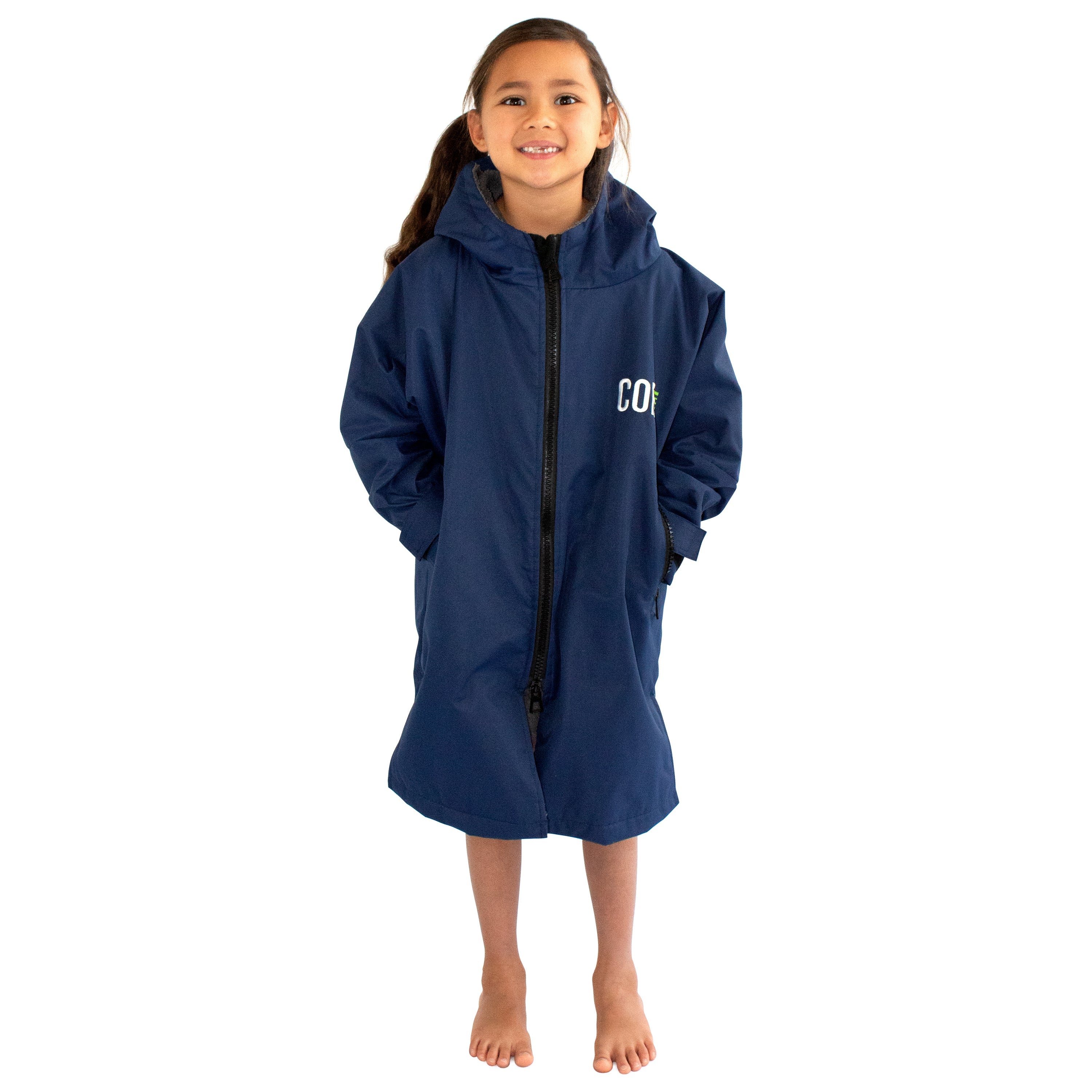 Blue kids' swim parka jacket by COR Surf for ages 4-8, outdoor waterproof swimwear with hood and front pockets.
