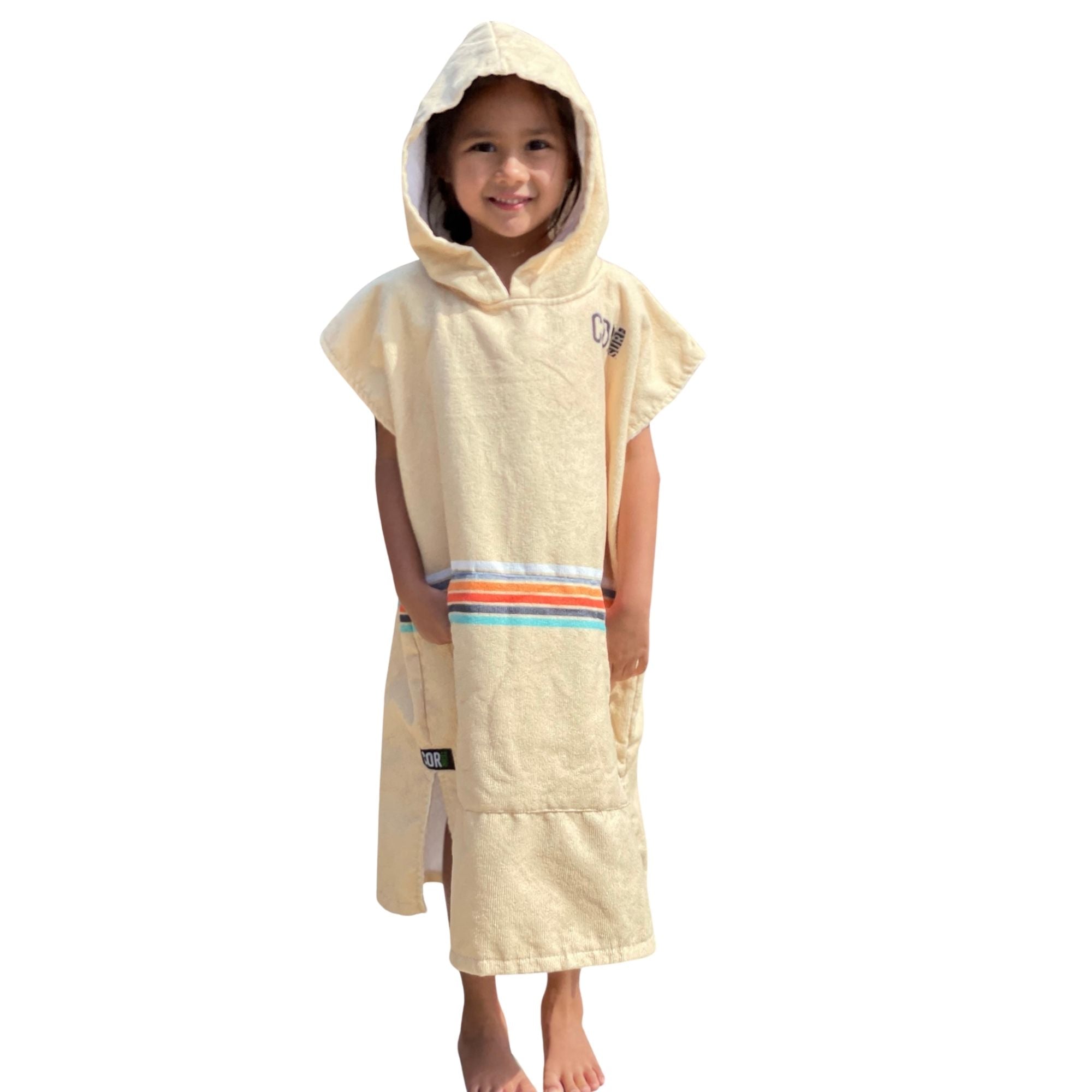 Kids Retro Sand Changing Towel Poncho by COR Surf, small size, featuring colorful retro design, ideal for beach or pool changing.