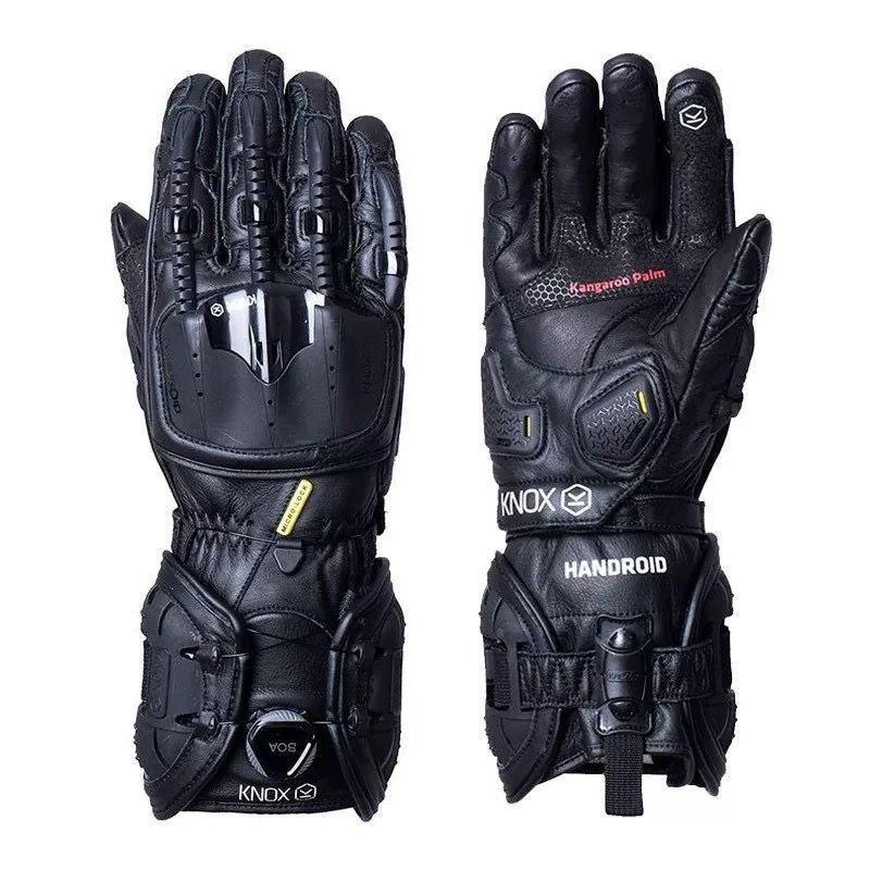 Black KNOX™ Handroid MK4 motorcycle gloves with reinforced knuckles and adjustable wrist straps, designed for optimal protection.