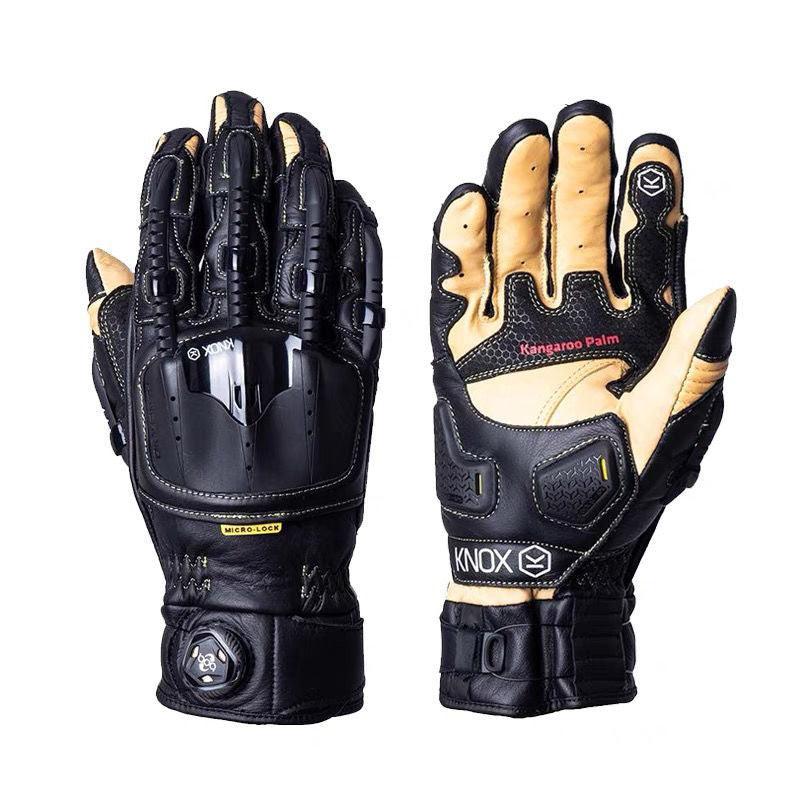 Black Knox Handroid MK4 motorcycle gloves with protective armor and breathable fabric, designed for advanced motorcycle riding.