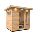 Interior view of the Kohler C2 outdoor sauna kit with Douglas Fir and Scandinavian Spruce, designed for up to 6 persons.