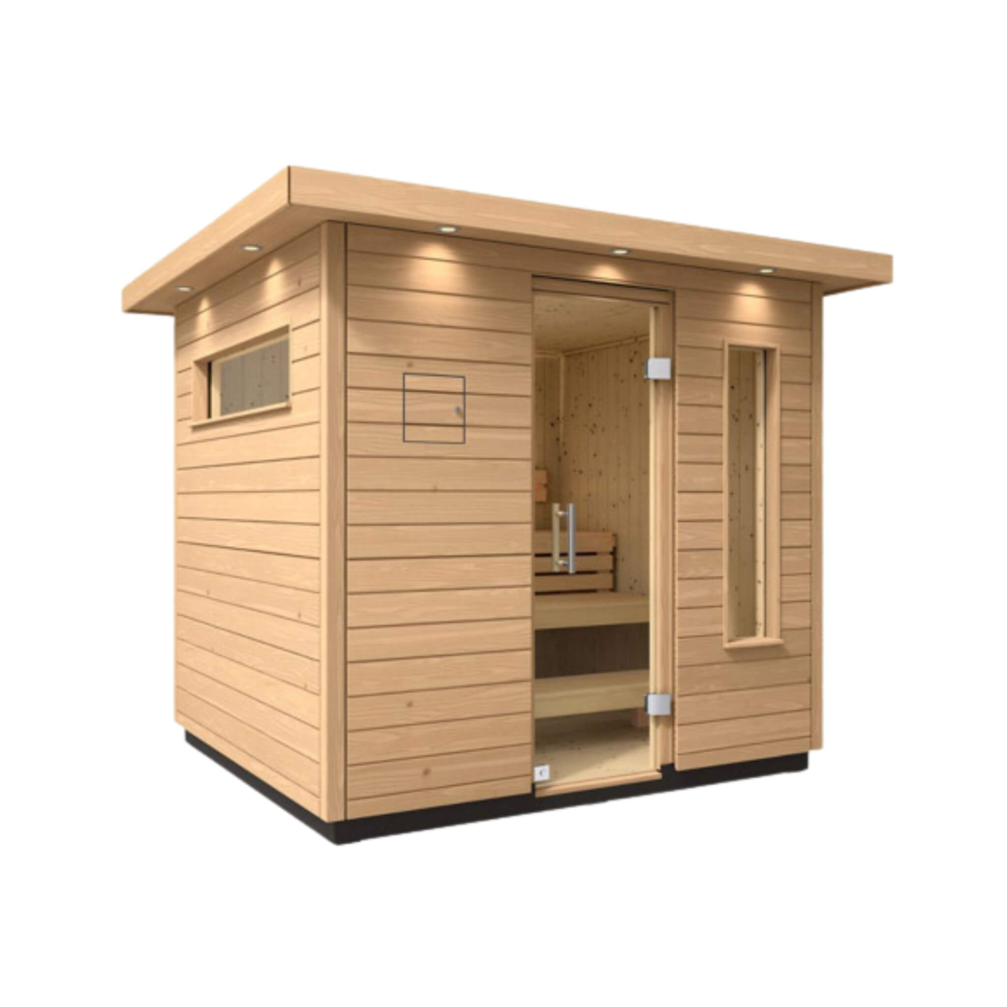 Interior view of the Kohler C2 outdoor sauna kit made of Douglas Fir and Scandinavian Spruce, designed for up to 6 persons.