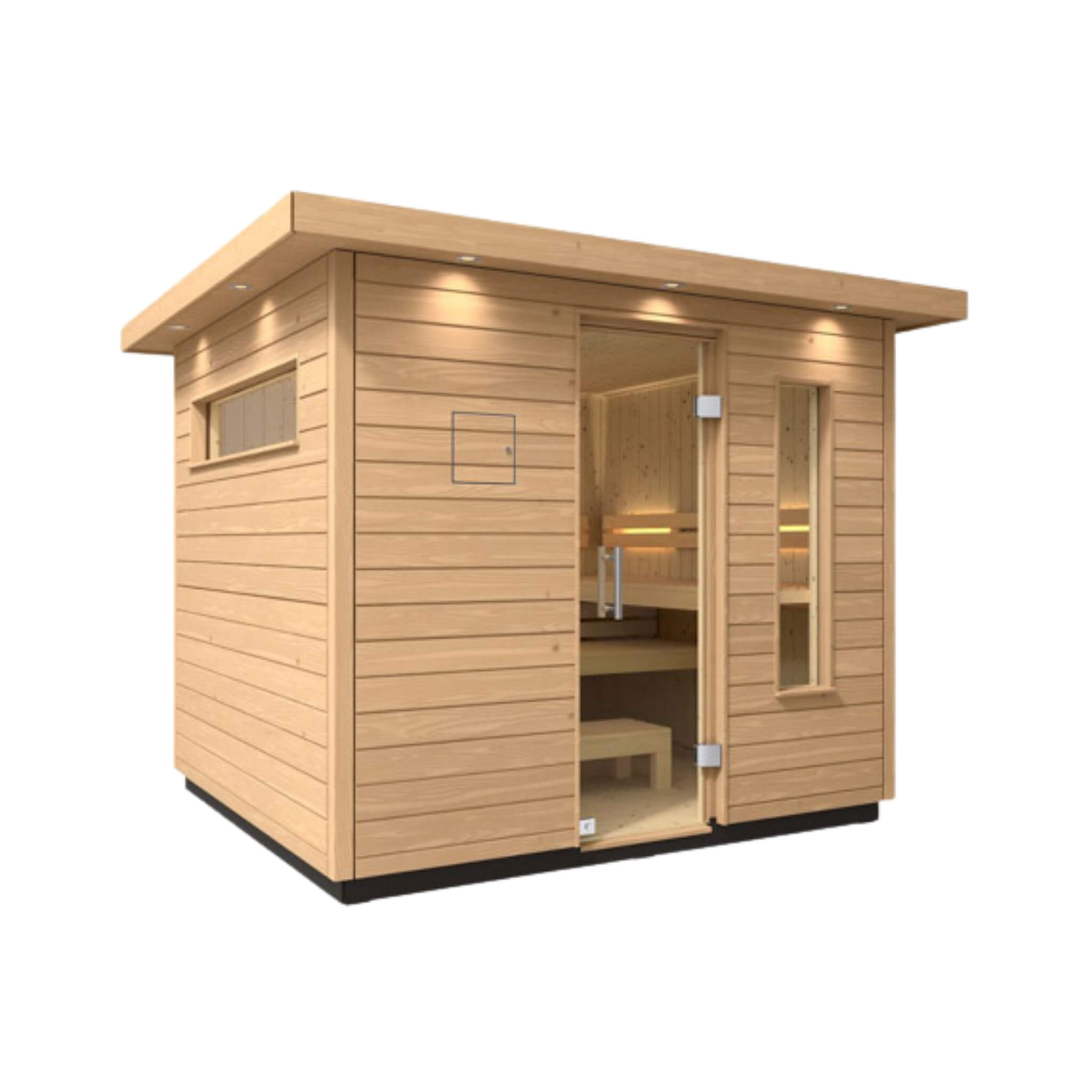 Interior view of Kohler C2 outdoor sauna kit with Douglas Fir and Scandinavian Spruce, designed for up to 6 persons.