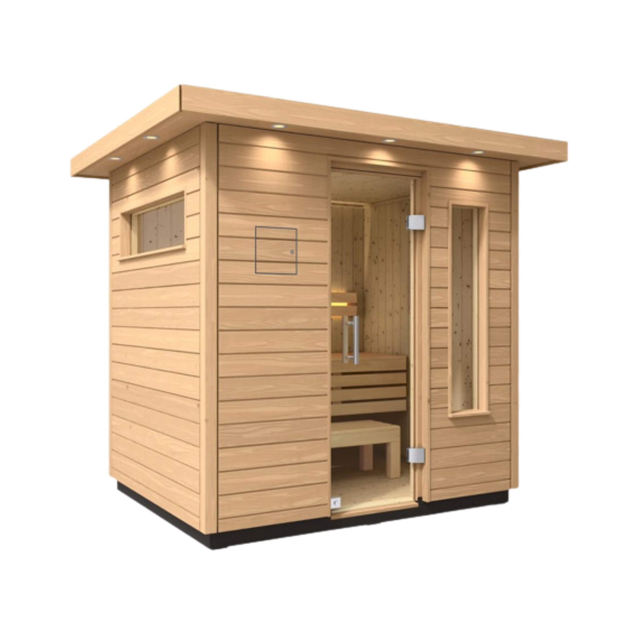 Outdoor Kohler C2 sauna kit with Douglas Fir and Scandinavian Spruce interior, designed for up to 6 persons, front-right view.