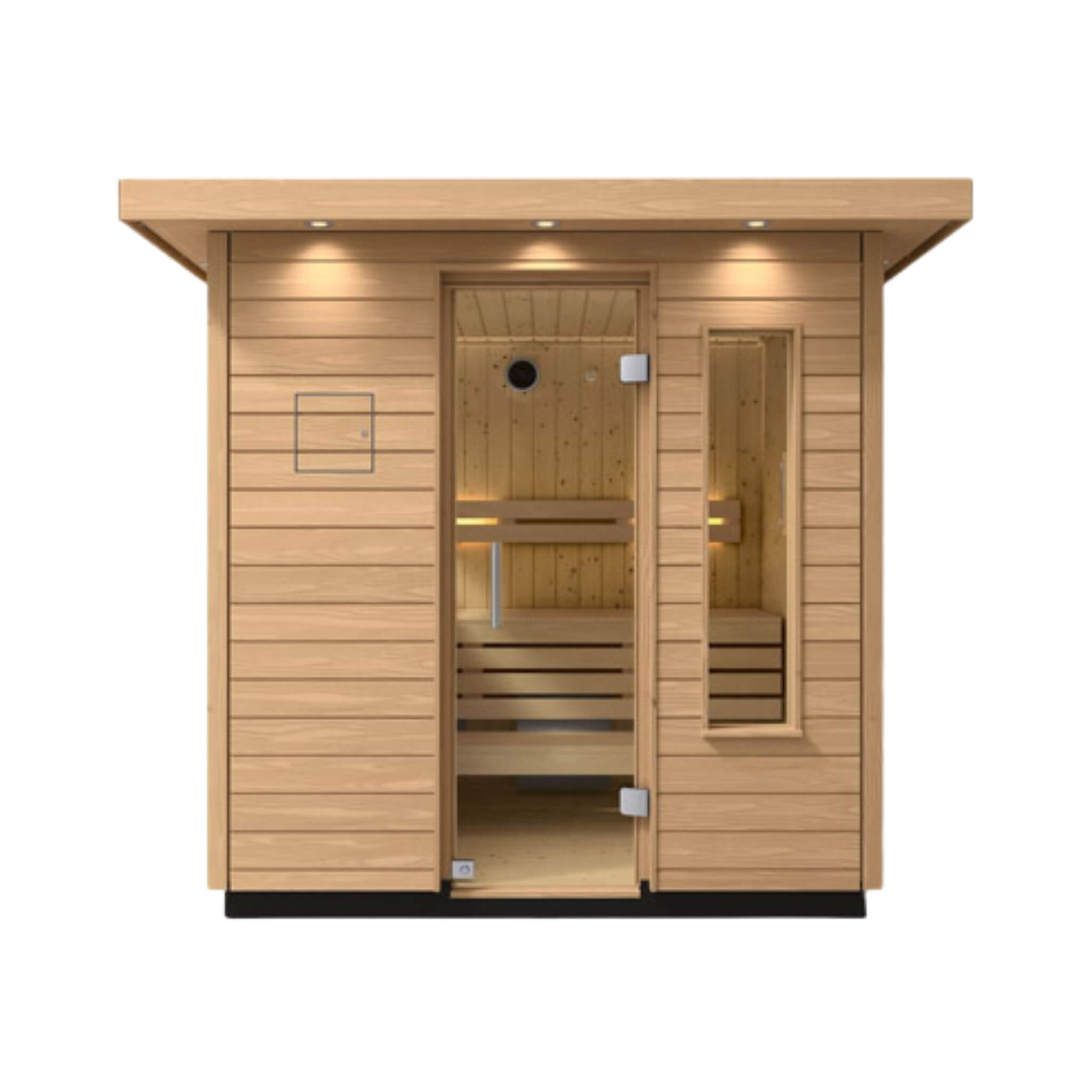 Interior view of the Kohler C2 outdoor sauna kit with Douglas Fir and Scandinavian Spruce, designed for up to 6 persons.