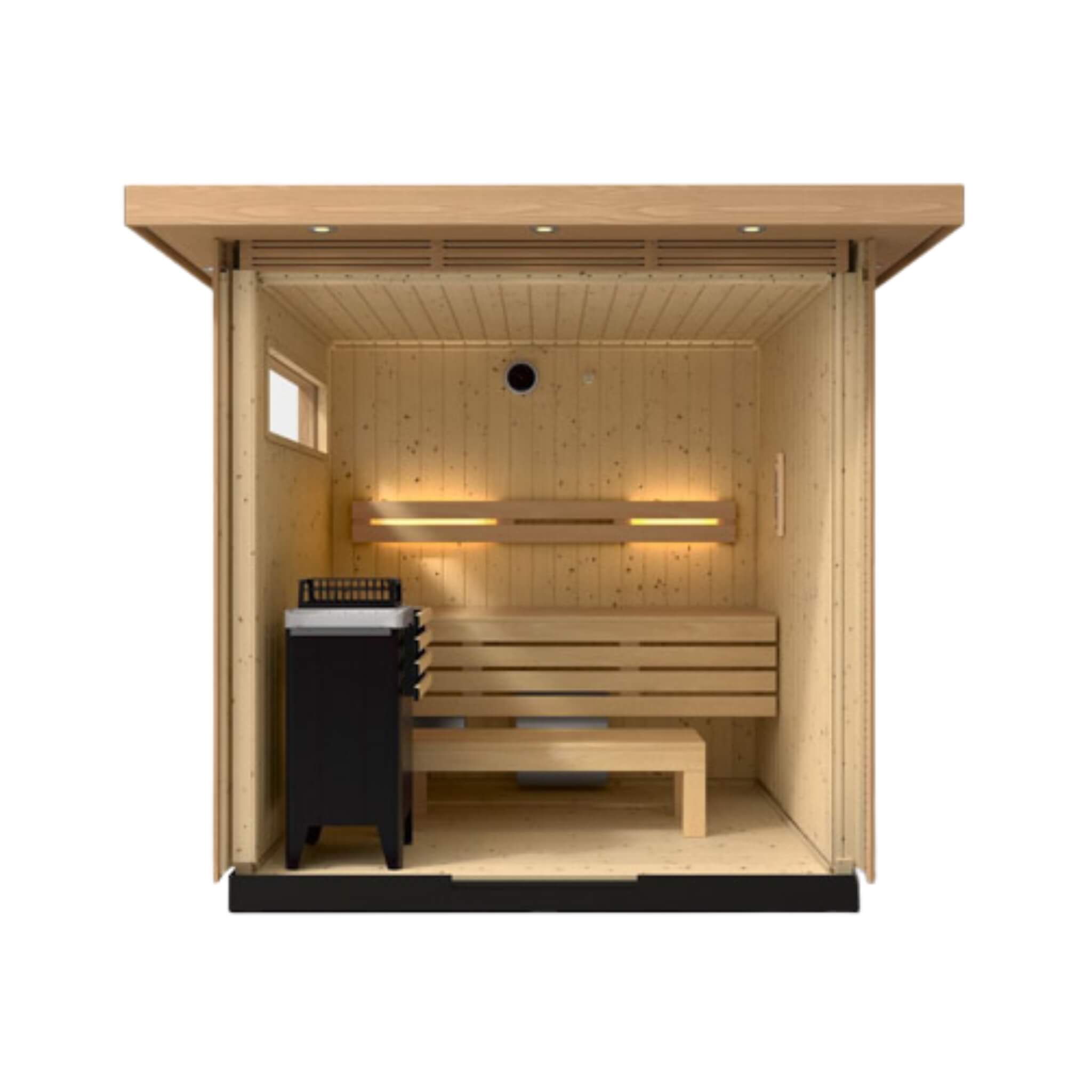 Interior view of the Kohler C2 outdoor sauna kit with Douglas Fir and Scandinavian Spruce, designed for up to 6 persons.