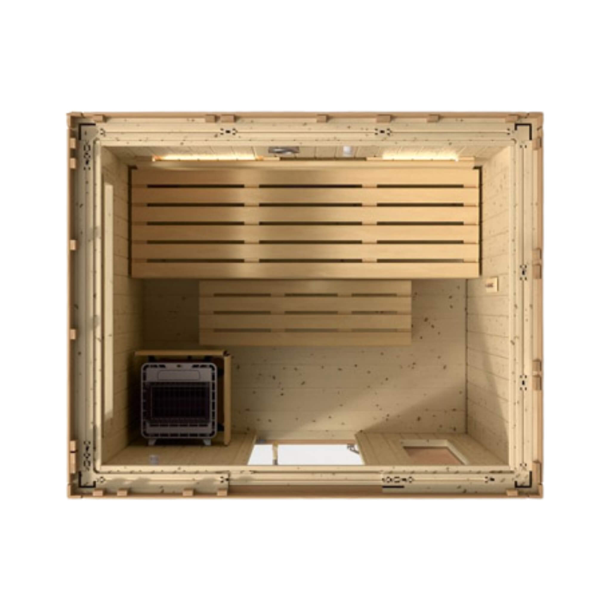 Interior view of Kohler C2 outdoor sauna with Douglas Fir and Scandinavian Spruce, designed for up to 6 persons, top-down perspective