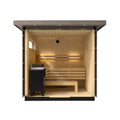 Kohler C2 outdoor sauna kit in weathered gray spruce, designed for 3 to 6 people, showcasing sleek wood construction.