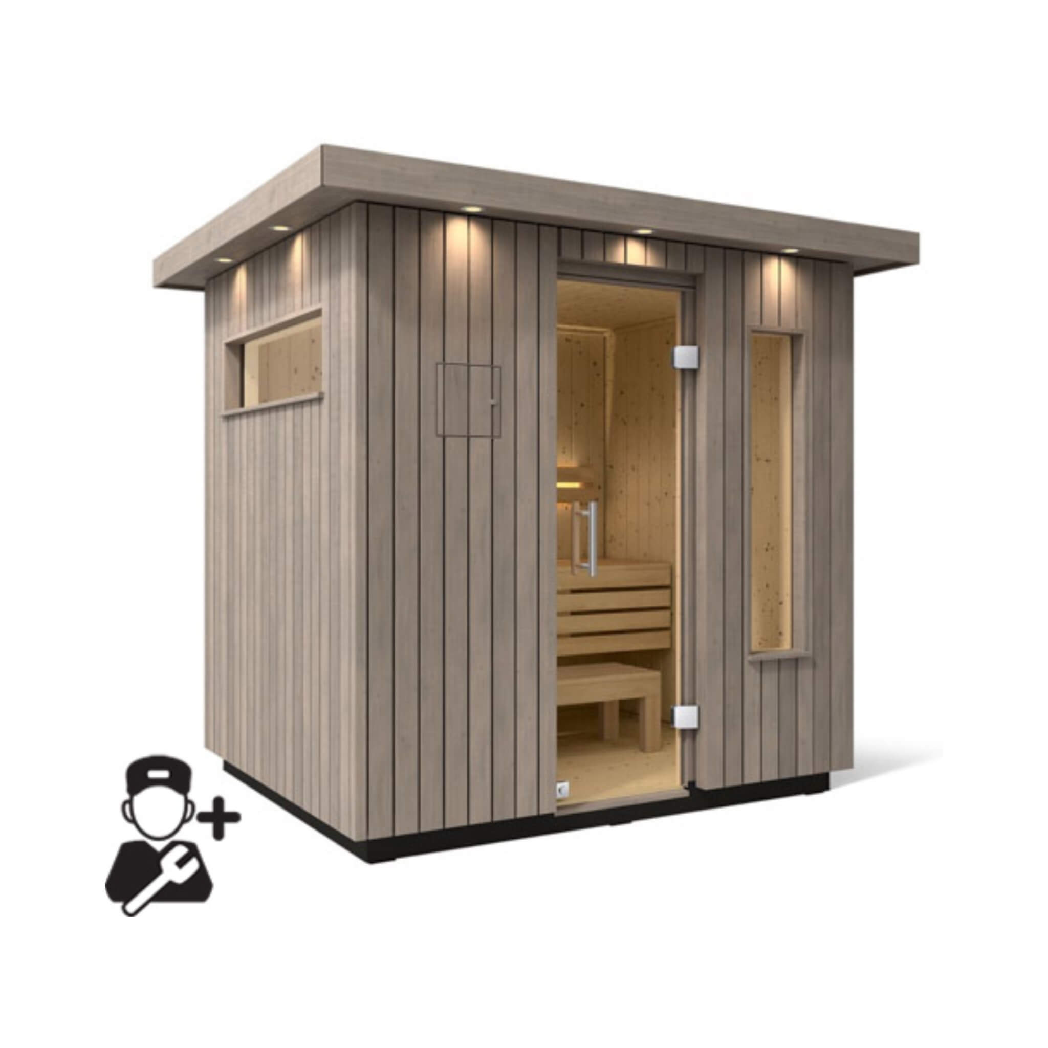 Kohler C2 outdoor sauna kit in weathered gray spruce, designed for 3 to 6 persons, showcasing sleek wooden construction.