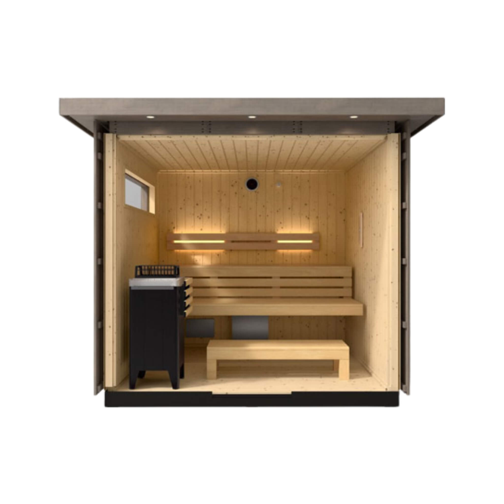 Kohler C2 outdoor sauna kit in weathered gray spruce, designed for 3 to 6 persons, showcasing its sleek, modern design.