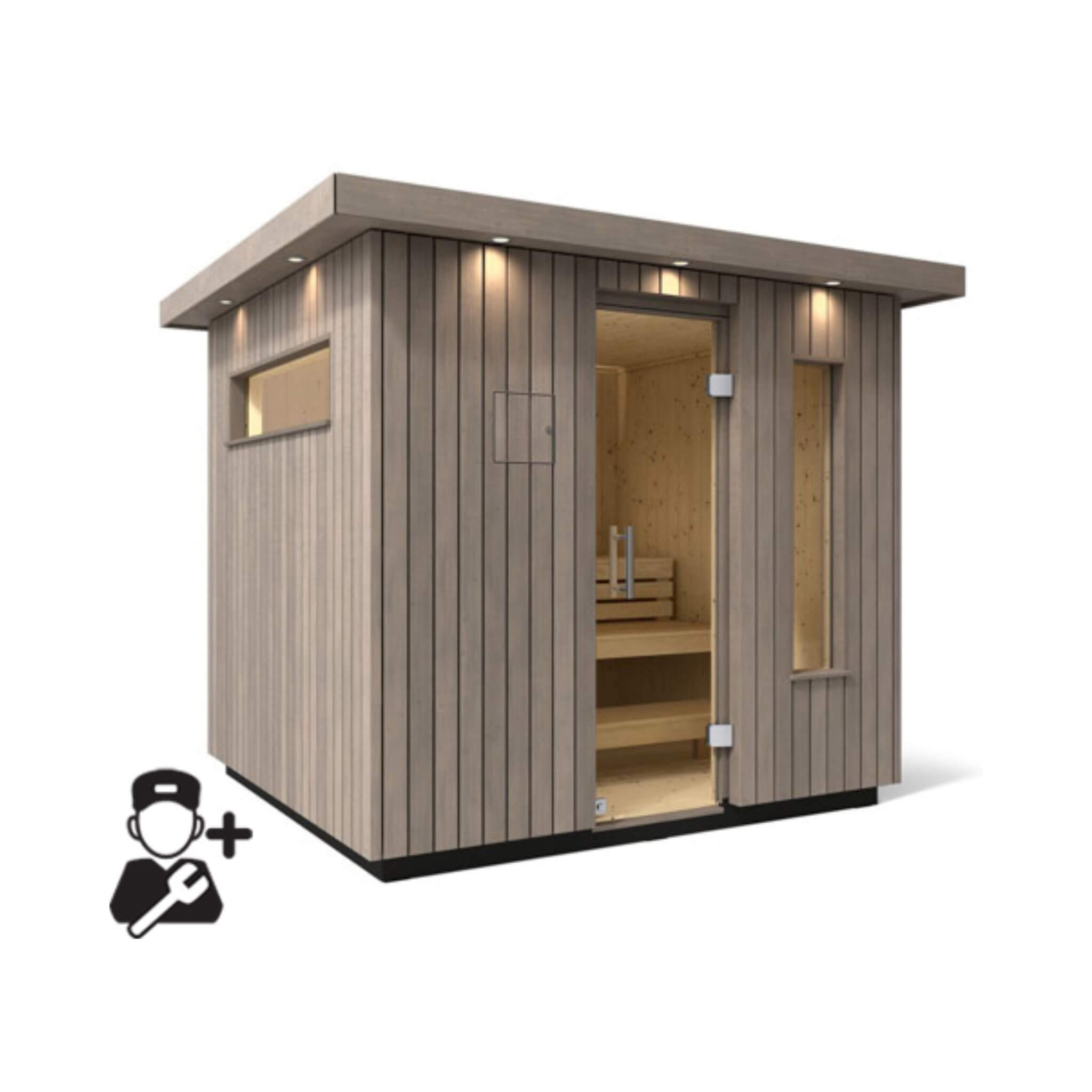 Kohler C2 outdoor sauna kit in weathered gray spruce, designed for 3 to 6 people, showcasing wood construction and design.