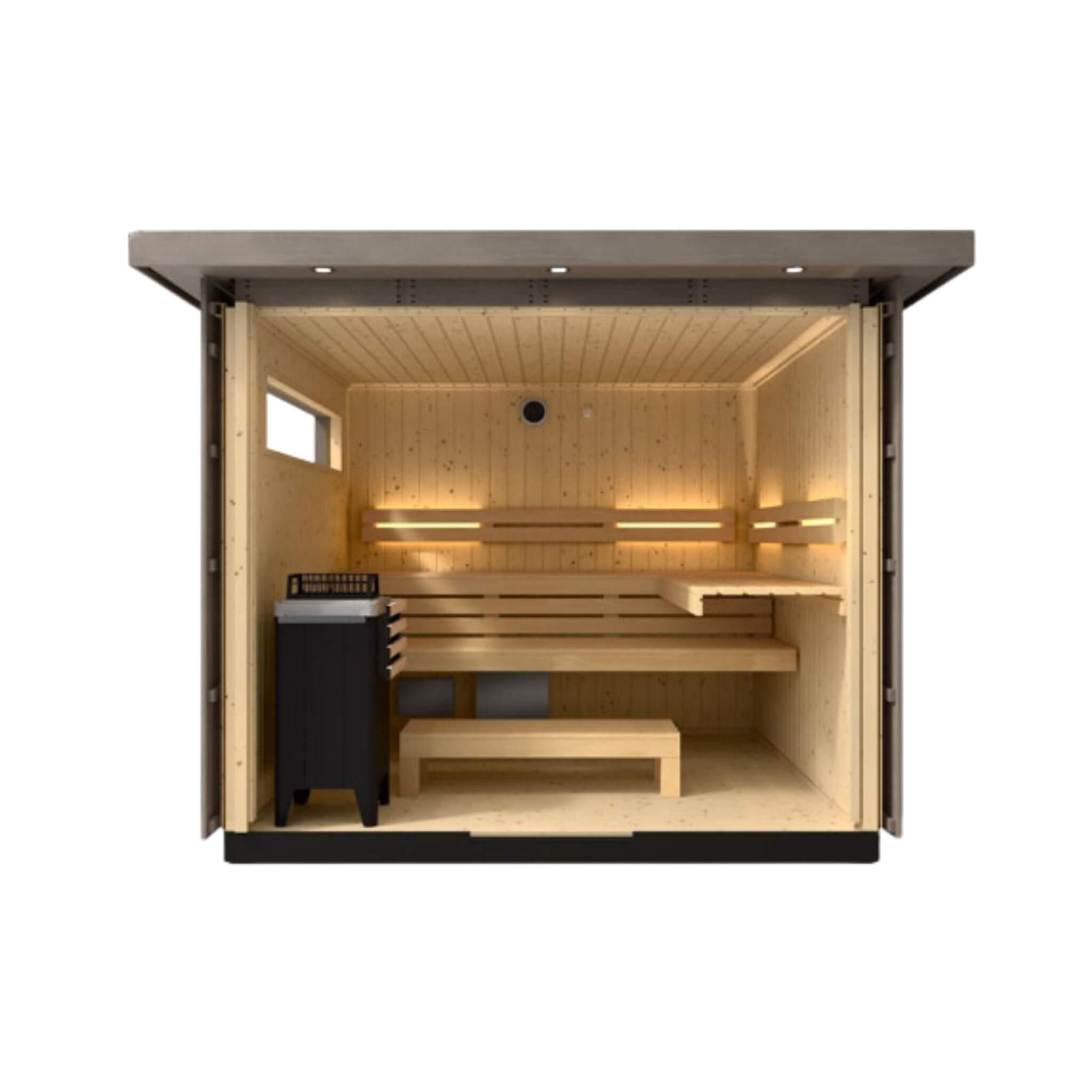 Kohler C2 outdoor sauna kit in weathered gray spruce, designed for 3 to 6 persons, showcasing its spacious interior.