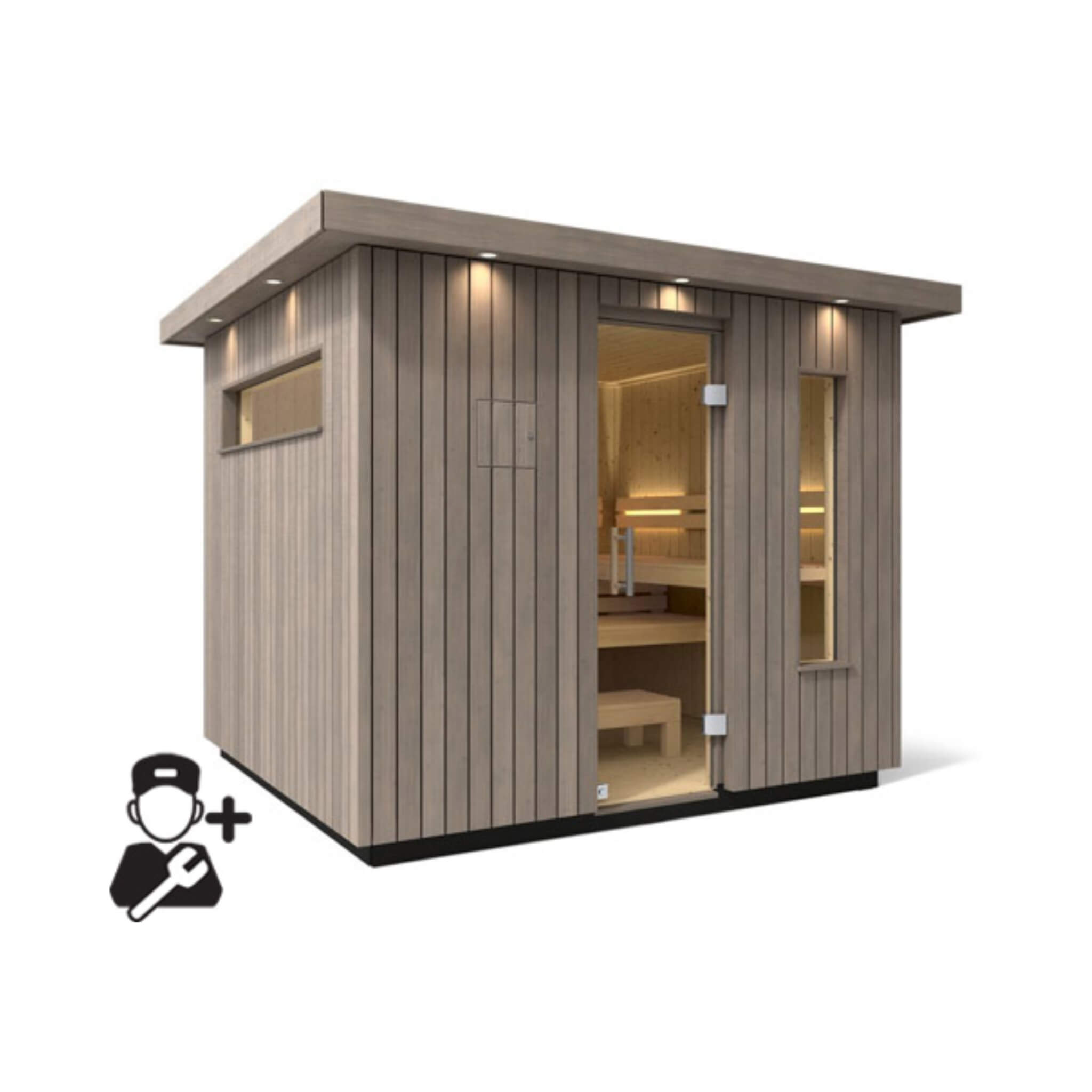 Kohler C2 Outdoor Sauna Kit in weathered gray spruce, designed for 3 to 6 people, showcasing sleek construction and spacious interior.