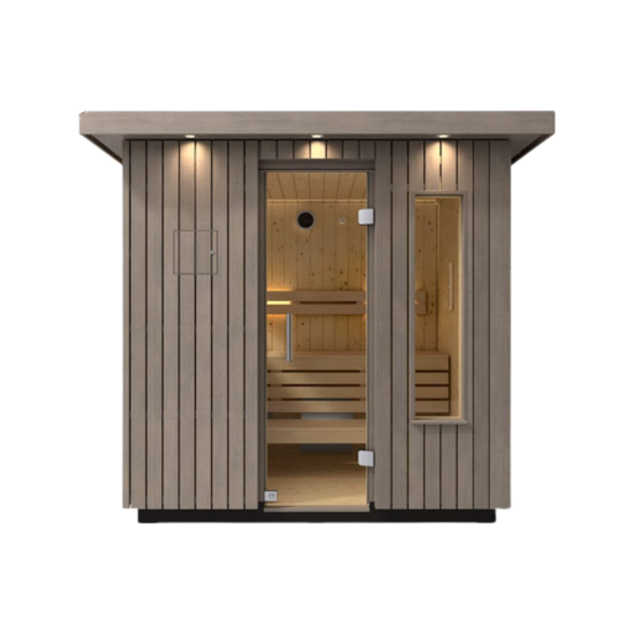 Kohler C2 Outdoor Sauna Kit in weathered gray spruce, designed for 3 to 6 people, shown from the front view.