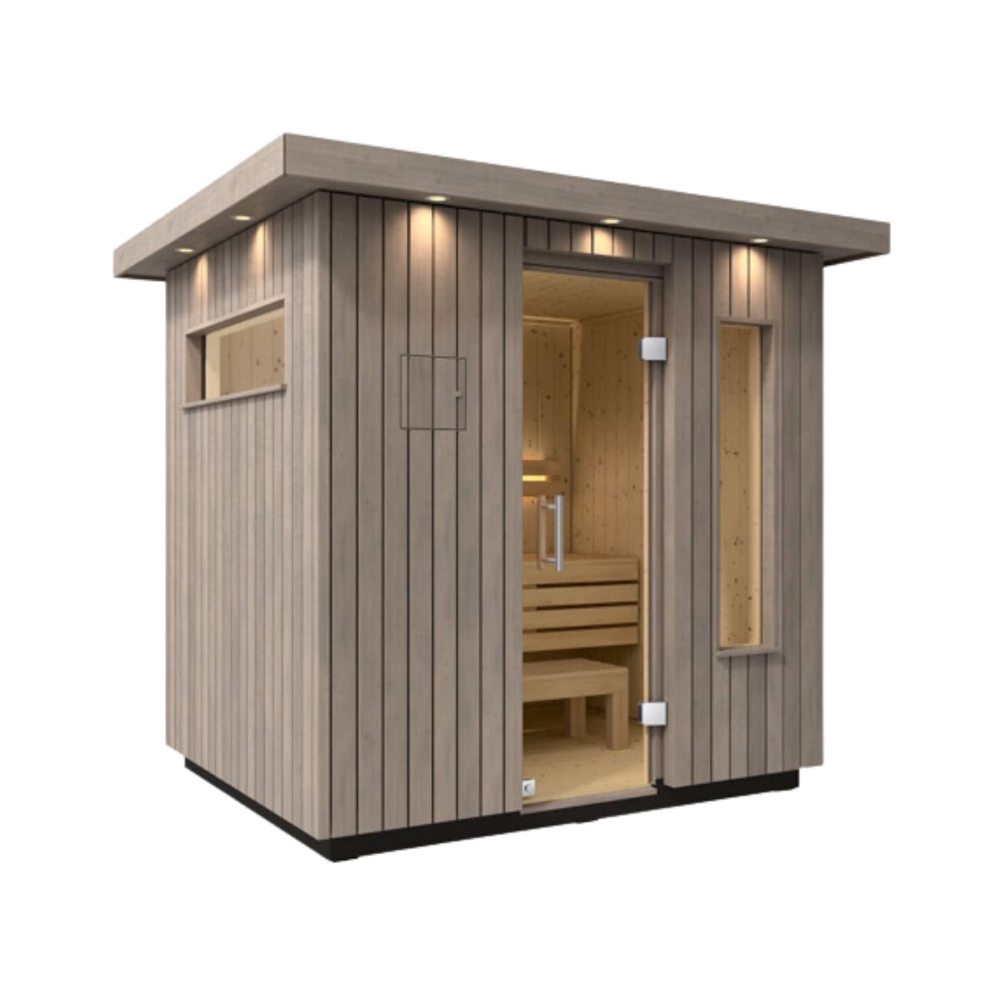 Kohler C2 outdoor sauna kit in weathered gray spruce, designed for 3 to 6 people, showcasing a right-side view.
