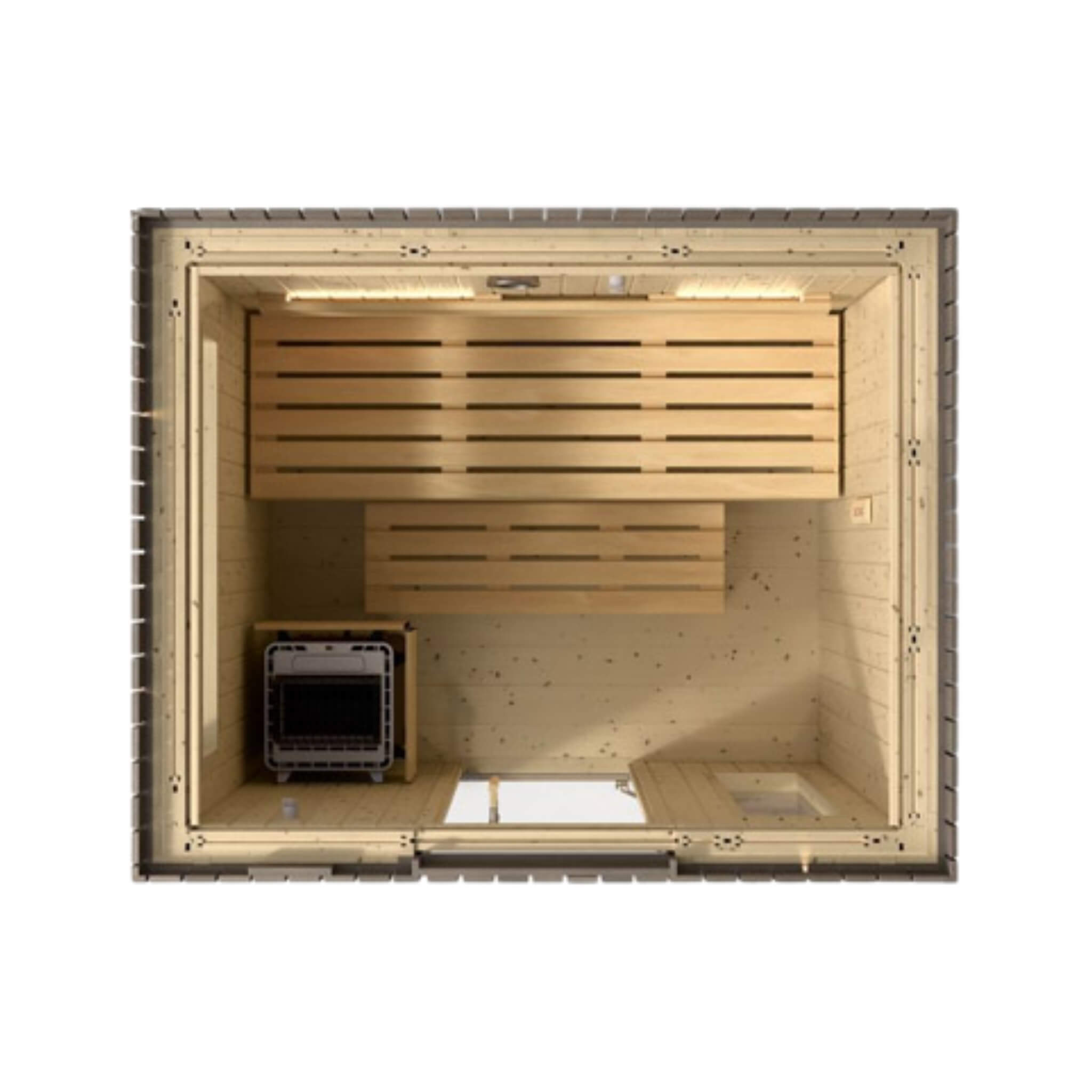 Top view of Kohler C2 Outdoor Sauna Kit in weathered gray spruce, designed for 3 to 6 people.