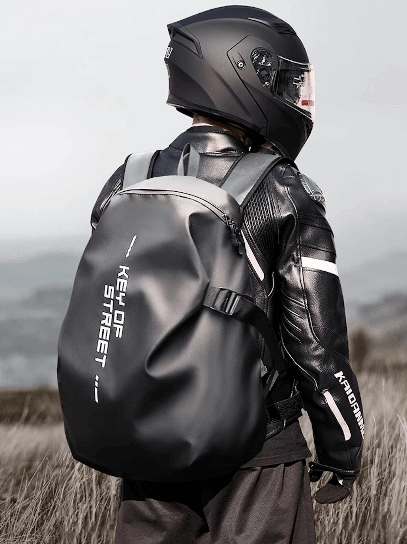 Bean's Moto Booth KOS™ motorcycle backpack with water-resistant design, featuring helmet storage and adjustable straps.