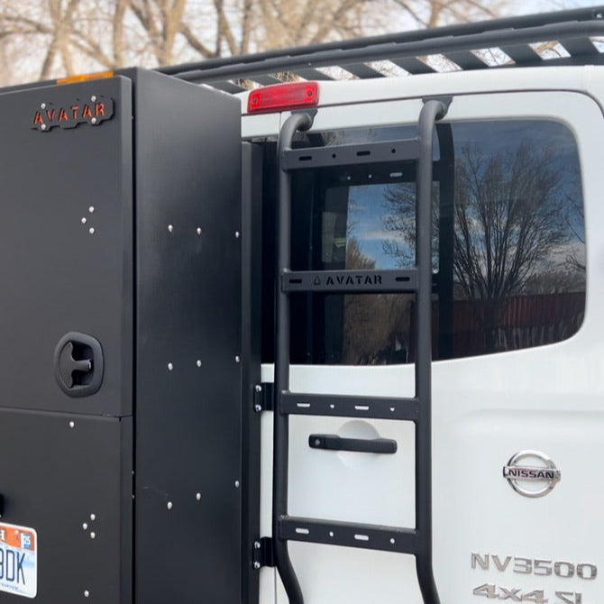 NV3500 rear ladder by Avatar Offroad, featuring a sturdy design and durable construction for easy access to your vehicle's roof.