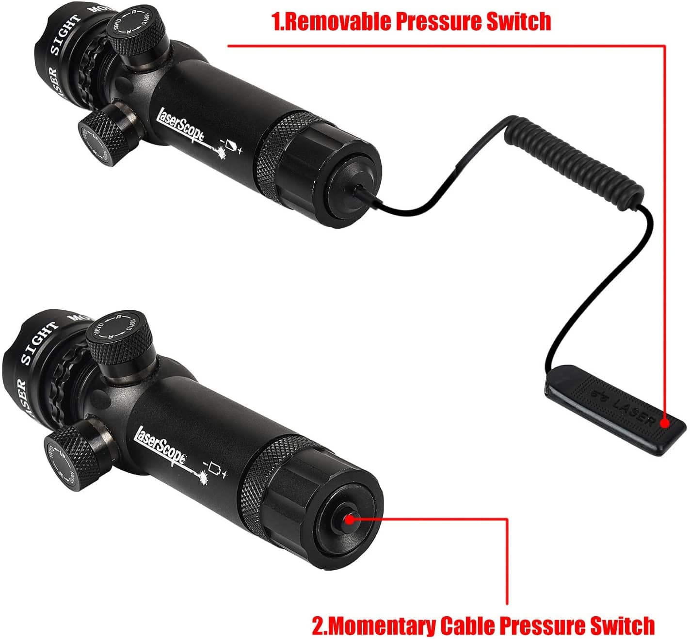 SFT2 Tactical green and red laser with 20mm mount and pressure switch for precise targeting and firearm attachment.