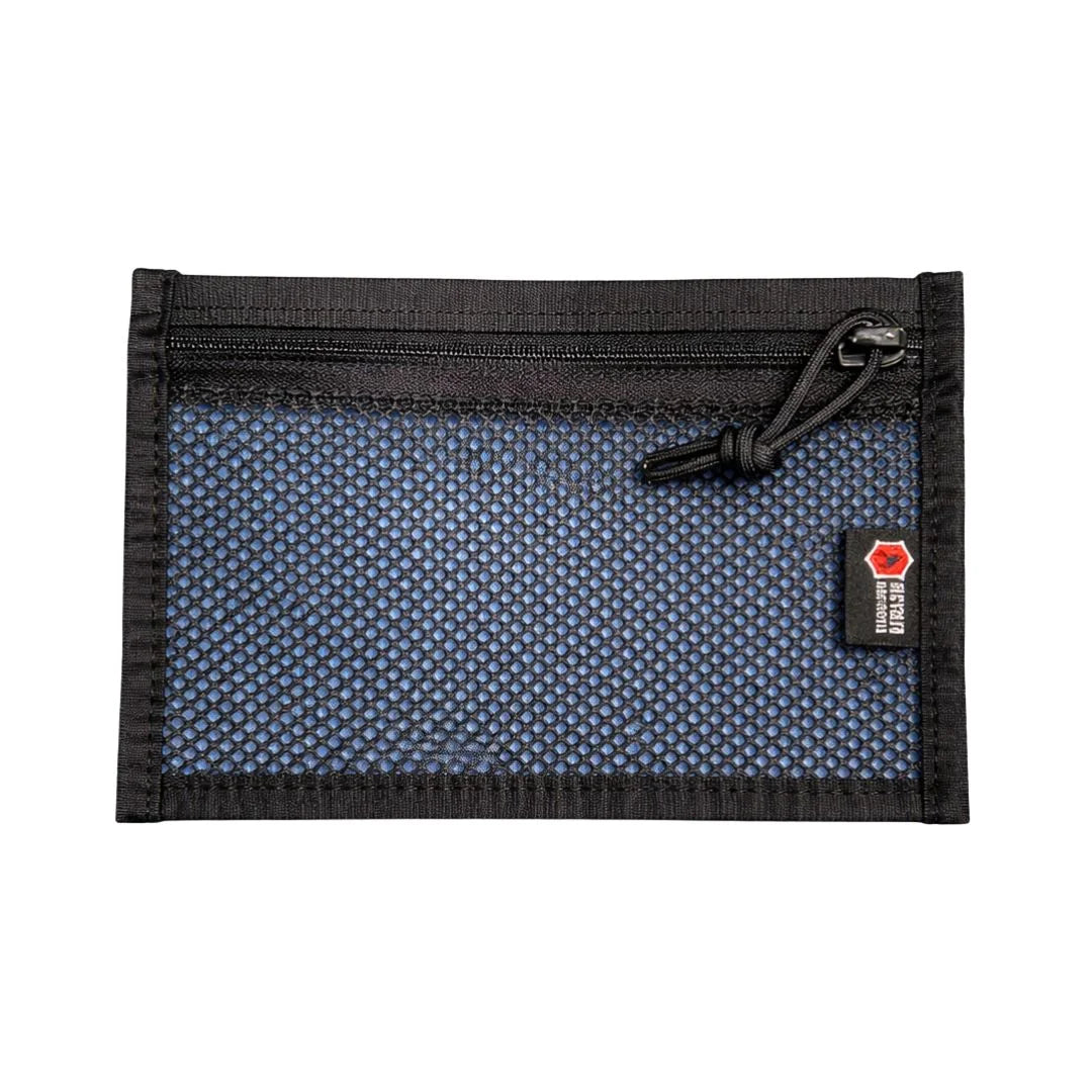 Front view of a blue and black zippered Flat EDC Pouch by Recycled Firefighter, made from durable firehose material.