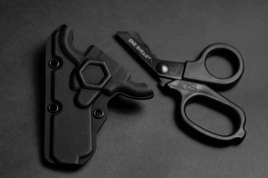 Black MINI Compact EMT and First Responders Rescue Shears Kydex Holder | ONE SHEAR® - OVERLANDERS Outfitter