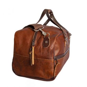 Backcountry Sportsman Bison Leather Weekender Duffel bag with side view showing sturdy leather construction and spacious design.