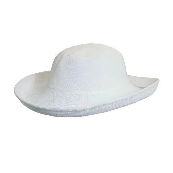White Scala Kissimmee women's sun hat with wide brim, stylish headwear from HatCountry, perfect for sun protection and fashion.