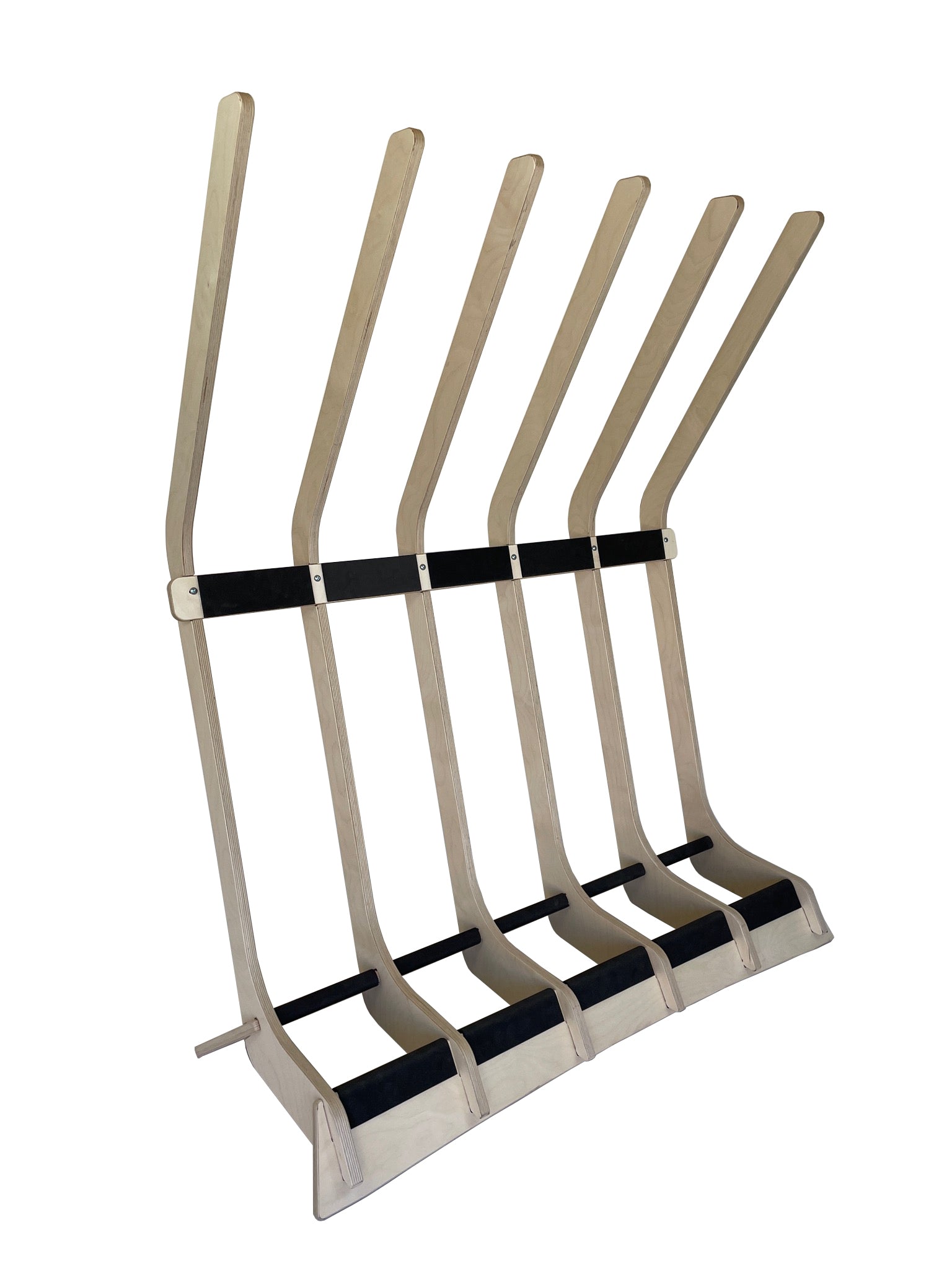 Freestanding surfboard rack by Rado Racks displaying multiple surfboards in a stylish, organized manner.