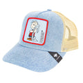 Peter Grimm Peanuts Linus denim trucker cap, casual headwear with adjustable snapback and classic Peanuts character design.