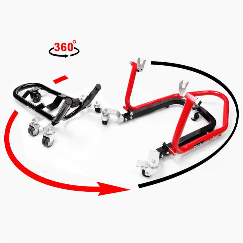 Bean's Moto Booth Liou Stand™ motorcycle paddock stand dolly for easy lifting and maneuvering of bikes in the garage.