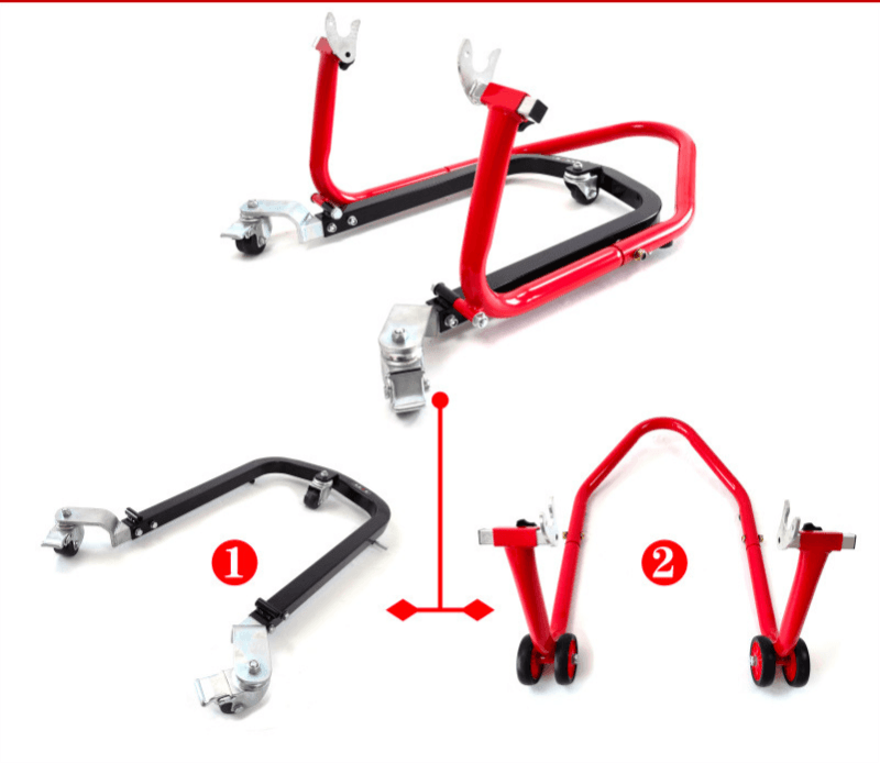 Bean's Moto Booth Liou Stand™ motorcycle paddock stand dolly mover supporting and lifting bikes for easy maintenance and storage.