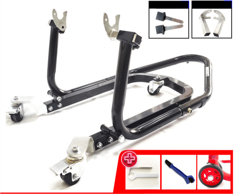 Bean's Moto Booth Liou Stand™ motorcycle paddock stand dolly mover supporting a motorcycle for maintenance and storage.