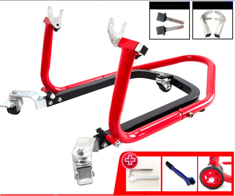Bean's Moto Booth Liou Stand™ motorcycle paddock stand dolly mover for easy lifting and maneuvering of bikes in the garage.